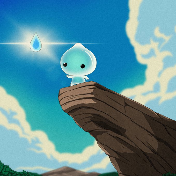 A small translucent water creature stands on the edge of a rocky cliff against a bright blue sky, with a glowing blue water droplet floating above its head.
