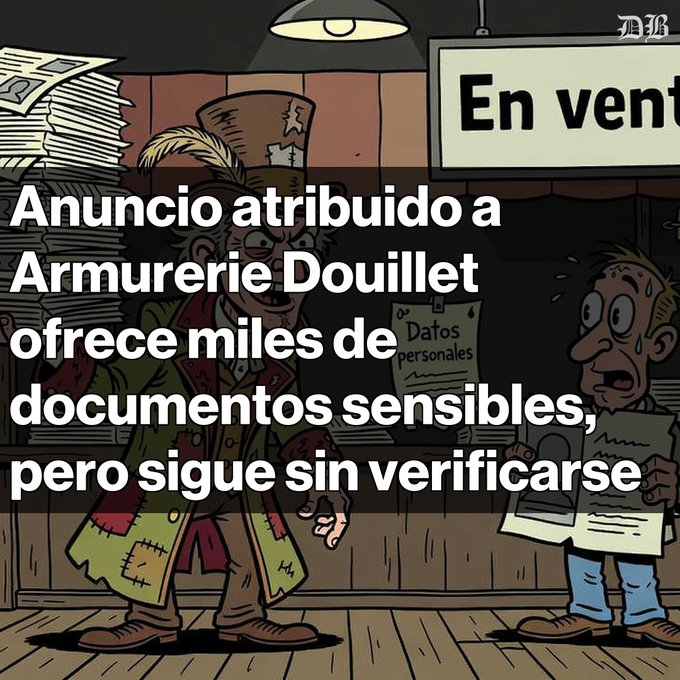 A cartoon illustration showing a haggard man with a feathered hat selling 'Datos personales' (personal data) to a surprised customer, with overlay text in Spanish: 'Anuncio atribuido a Armurerie Douillet ofrece miles de documentos sensibles, pero sigue sin verificarse' and a partial 'En vent' sign in the background.