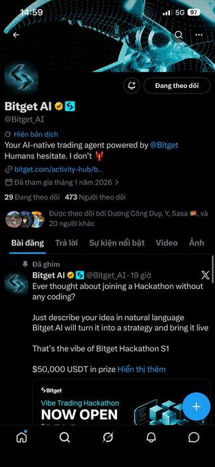 The image shows a social media post with a Twitter account that has been created for a Hackathon event. The post includes text, such as "Biget AI sẽt không biểu tính thưởng chính thức lên sóngg ae ơi từ nhân đây là cuộc thi Hackathon với phần thưởng bằng ngôn không biểu tính thưởng chính thức lên sóngg ae ơi từ nhân đây là cuộc thi Hackathon với phúc.