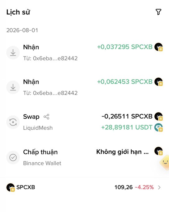 The image shows a Vietnamese-language wallet transaction history displaying three activities on 2026-08-01: two "Nhận" (Receive) entries for +0.037295 and +0.062453 SPCXB, a "Swap" via LiquidMesh of -0.26511 SPCXB for +28.89181 USDT, and a Binance Wallet approval. The accompanying post suggests these tiny SPCXB airdrop amounts (likely valued around $0.40 total) demonstrate how holding a meme token yielded free SPCXB rewards, reinforcing the post's claim about earning returns from holding the token.