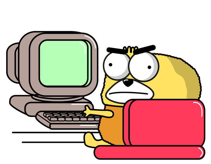 A cartoon of an angry yellow bear typing at an old-fashioned computer with a blank green screen.