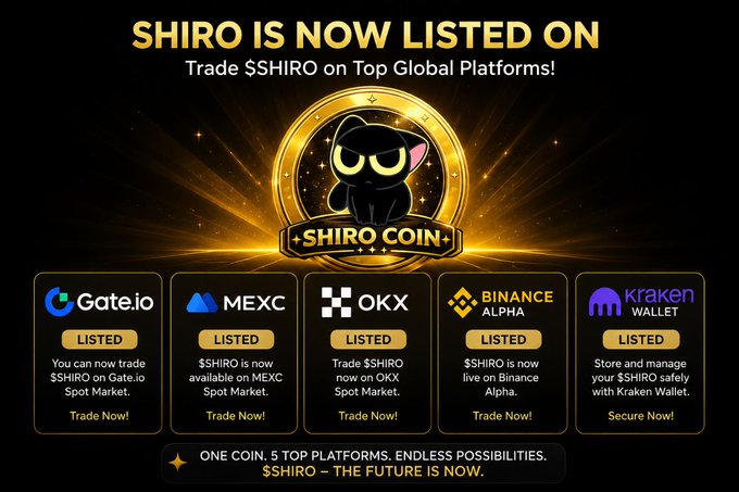 The image features an advertisement for Shiro Coin that was launched on June 27, 2026 at 12:30 UTC. The text on the image reads "Shiro Coin Launches June 27, 2026 at 12:30 UTC! The journey begins. Shiro Coin is launching with a vision to expand across major exchanges wallets worldwide, bringing global accessibility to every holder.". The post also mentions that Shiro Coin is listed on top global platforms and has been listed on five different exchanges.