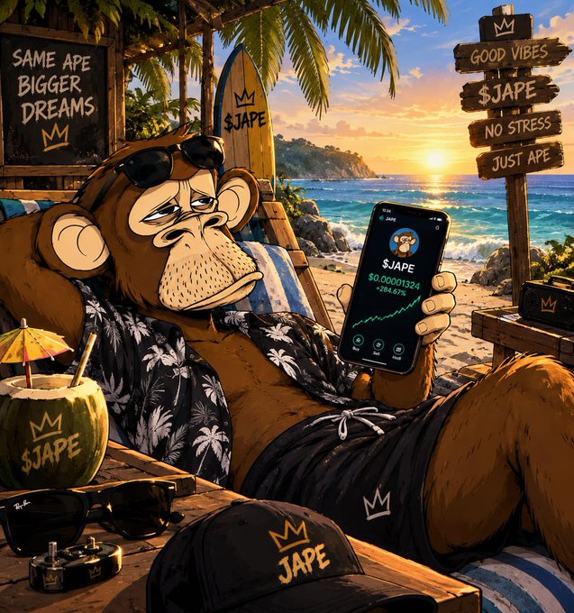 An illustrated cartoon ape wearing sunglasses and a Hawaiian shirt relaxes on a beach at sunset, holding a smartphone displaying "$.JAPE" with a rising green chart, surrounded by branded merchandise including a coconut cup, cap, and a sign reading "GOOD VIBES $JAPE NO STRESS JUST APE."