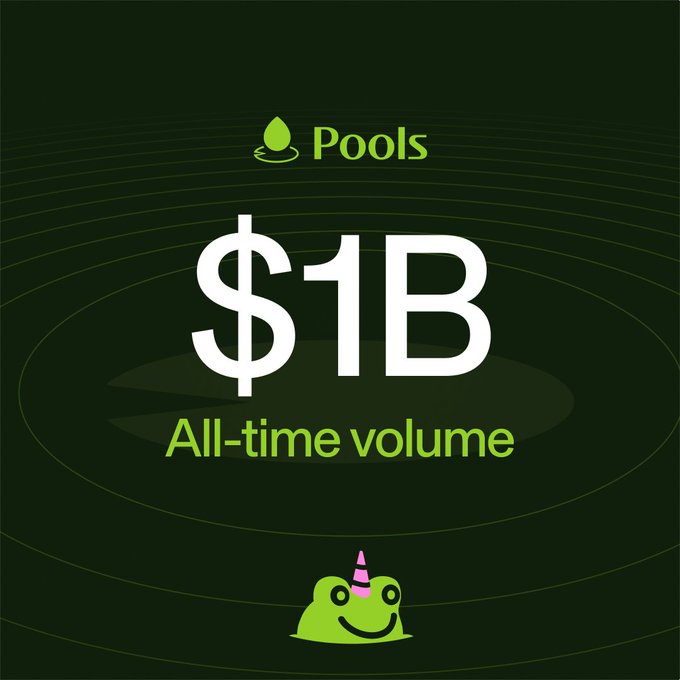 A promotional graphic with dark green background featuring a green water drop logo for 'Pools' announcing '$1B All-time volume' with a cartoon frog mascot wearing a pink party hat at the bottom.