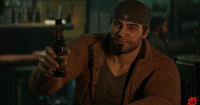 A video game screenshot showing a bearded man in a brown cap and jacket holding up a bottle of 'IBOCHO' beer in a dimly lit setting.