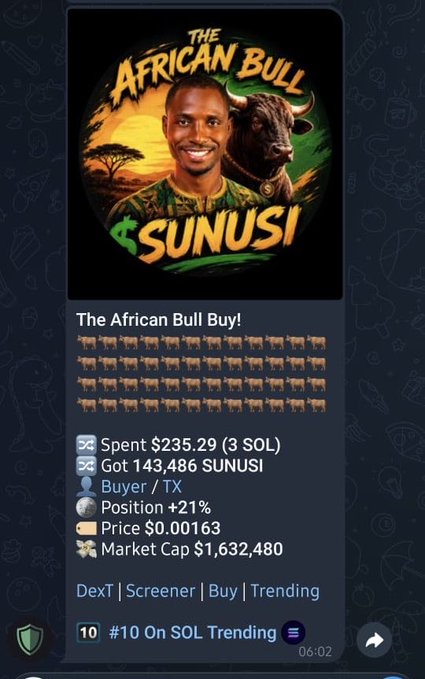 The image is a promotional graphic for the "$SUNUSI" meme coin on Solana, featuring a smiling man alongside a bull with the text "THE AFRICAN BULL" and "SUNUSI" prominently displayed. Below the graphic, stats show 143,486 SUNUSI purchased for $235.29 (3 SOL), a position of +21%, a price of $0.00163, and a market cap of $1,632,480, along with its #10 ranking on SOL Trending—matching the post's celebration of "$SUNUSI" trending as #10 and embracing the "TheAfricanBull" branding.