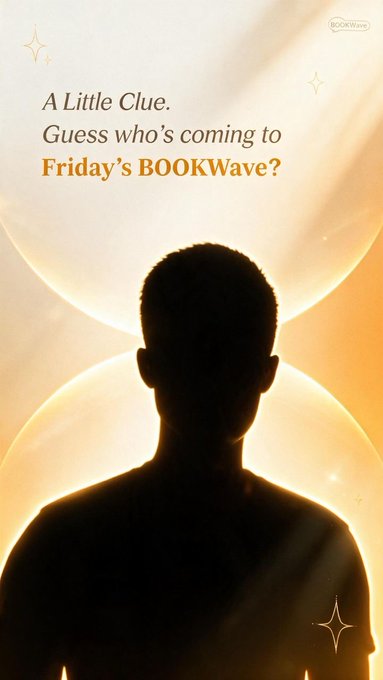 A silhouette of a person is shown against a glowing golden background with text reading "A Little Clue. Guess who's coming to Friday's BOOKWave?" promoting an upcoming live stream event at discord.gg/bnj34M6aVN.