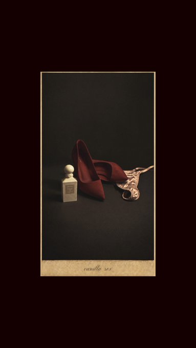A moody photograph on a Polaroid-style frame labeled 'vanilla sex' showing a perfume bottle, a dark red satin ribbon, and what appears to be a lace bra strap on a dark surface.