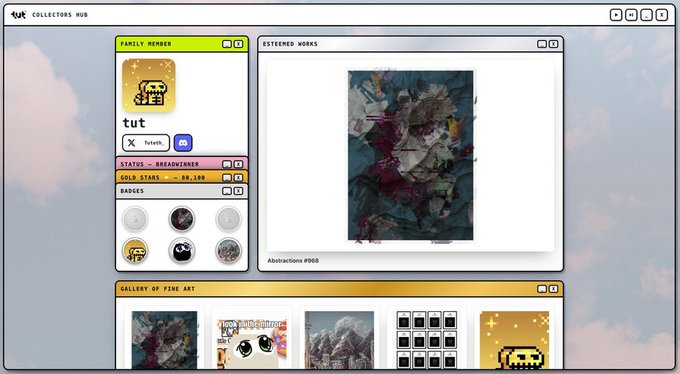 A 'tut Collectors Hub' interface displaying an NFT profile with the username 'tut', a 'Breadwinner' status, gold stars, and featured artwork including 'Abstraction #008'.