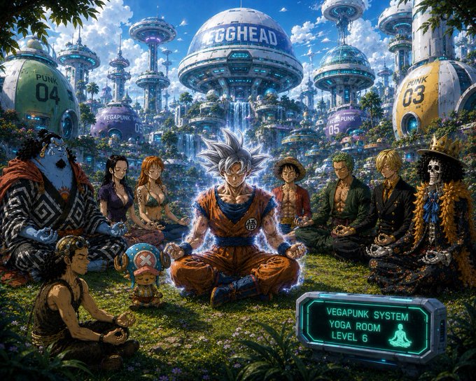 A vibrant anime-style illustration featuring One Piece characters, including Goku-like Ultra Instinct and Luffy, meditating in a futuristic 'Vegapunk System Yoga Room Level 6' surrounded by Egghead dome structures.
