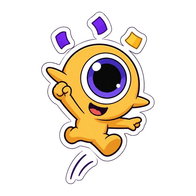 A cute cartoon sticker of a yellow cyclops alien with a large purple eye, smiling and pointing, appearing to float or jump.