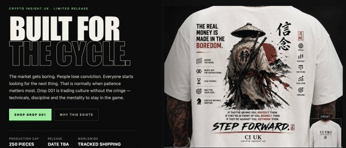 The image is a promotional webpage for "Crypto Insight UK" featuring a limited release apparel drop titled "Built for the Cycle" (Drop 001), showcasing a white t-shirt with a samurai design and Japanese text, along with the slogan "The real money is made in the boredom." The page details a production cap of 250 pieces, tracked shipping, and includes a "Shop Drop 001" call-to-action button.