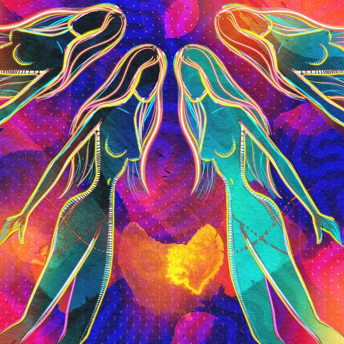 A vibrant, psychedelic digital artwork featuring four stylized female figures outlined in glowing neon lines, set against a swirling background of deep purples, blues, and pinks with a bright yellow heart shape at the bottom.