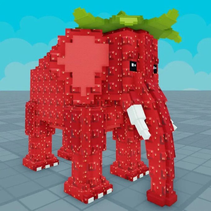 A pixel-art mammoth built from red strawberry blocks stands in a voxel-style world, humorously illustrating the "what happened to Wapital" post by showing the once-mighty creature reduced to a fruit-covered figure with a green leaf on its head.
