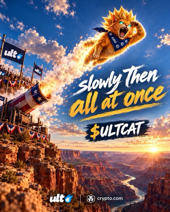 A promotional poster featuring a flaming flying cat with 'CRO' bandana, branded 'slowly Then all at once $ULTCAT' with ult and crypto.com logos.