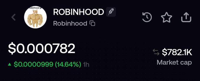 A cryptocurrency tracker displays the "ROBINHOOD" token trading at $0.000782, up 14.64% ($0.0000999) in the last hour with a market cap of $782.1K, directly illustrating the post's claim about the Robinhood-themed memecoin's recent price surge.