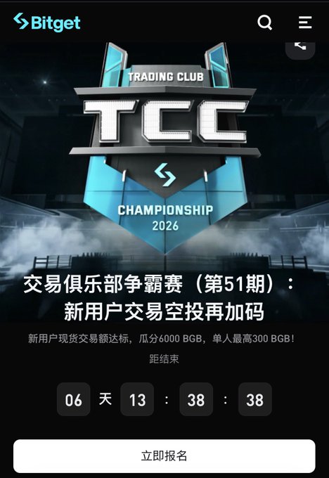 The image is a Bitget promotional banner for the "Trading Club Championship 2026" (TCC), specifically the 51st edition of their Trading Club competition (交易俱乐部争霸赛 第51期), featuring a countdown timer showing 6 days, 13 hours, 38 minutes, and 38 seconds remaining, with an "立即报名" (Register Now) button at the bottom. This aligns with the post highlighting Bitget's 51st club championship event where new users can complete simple registration and trading tasks to win prizes from blind boxes, with only 1,670 blind boxes remaining.
