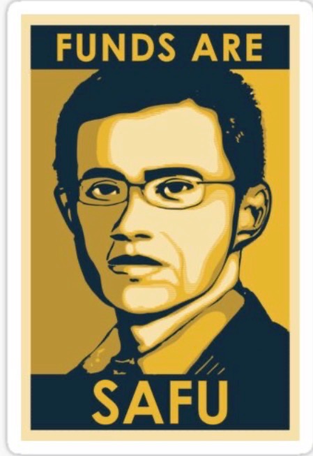 An 'OBEY'-style propaganda poster parody featuring CZ (Changpeng Zhao) of Binance with the text 'FUNDS ARE SAFU' at the top and bottom.