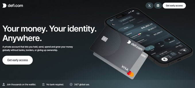 The image is a promotional webpage for Defi.com featuring a sleek black credit card and smartphone displaying account balances in multiple currencies (US$9,992.24, CA$967.21, €11,398.37), with the tagline "Your money. Your identity. Anywhere." promoting a private, bankless account for global spending.

The image aligns with the post's critique by showcasing Defi.com's solution to crypto's friction points—abstracting away wallet addresses, network selection, and gas fees behind a familiar credit card interface and mobile app that makes blockchain transactions feel like traditional banking.