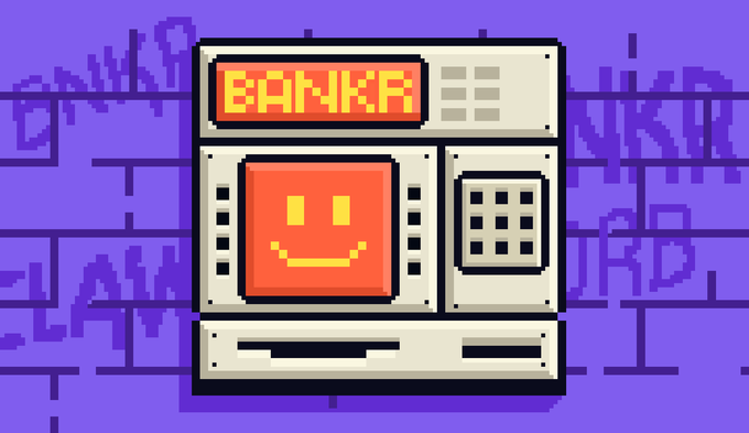 A pixel-art style illustration of a retro arcade machine or terminal with 'BANKR' displayed on its screen and a smiling red face, set against a purple background with partially visible text.