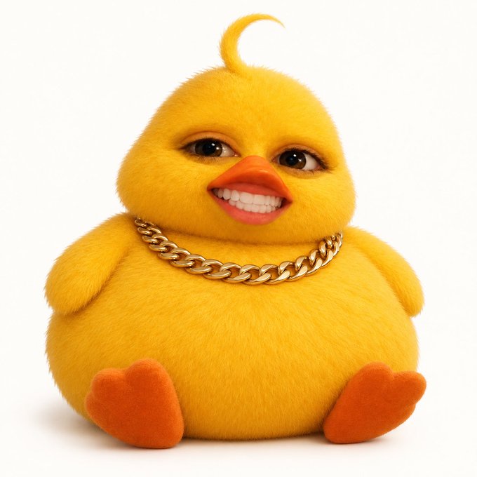 A fluffy yellow chick with a chubby body, orange beak and feet, a tuft of hair on top, and a wide toothy smile sits wearing a thick gold chain necklace around its neck, fittingly illustrating the post's "modest day on chain" comment as a playful nod to crypto culture's "on-chain" slang paired with the meme-style gold-chain chick imagery.