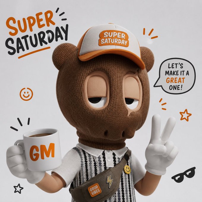 A 3D-rendered cartoon bear character wearing a "Super Saturday" cap, holding a "GM" mug and making a peace sign, with text reading "Let's Make It a Great One!"