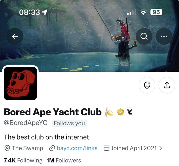 A Twitter profile screenshot for 'Bored Ape Yacht Club' (@BoredApeYC) showing 1M followers, bio 'The best club on the internet.', location 'The Swamp', and a banner of a fisherman character.