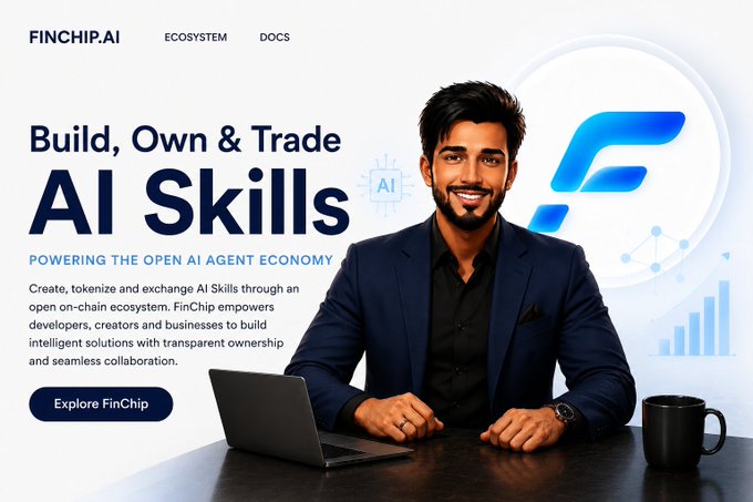 Promotional image for 'FinChip.AI' featuring a smiling man in a suit, with the tagline 'Build, Own & Trade AI Skills - POWERING THE OPEN AI AGENT ECONOMY.'