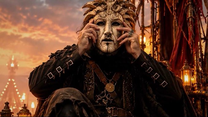 A person wearing an ornate mask and dark leather clothing adjusts the mask's fingers against a dramatic sunset sky with lanterns in the background.