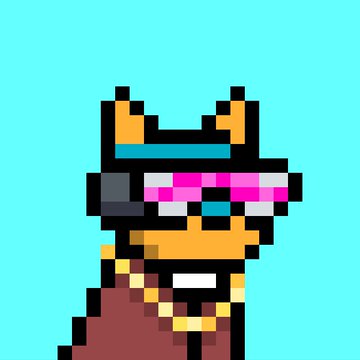 Pixel art portrait of a character with a crown, sunglasses, and a gold chain against a cyan background.