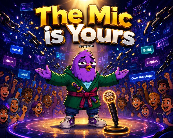 A colorful cartoon illustration titled 'The Mic is Yours' (by pap789) featuring a purple bird in a green robe standing on a stage with a golden microphone, surrounded by an enthusiastic crowd and floating speech bubbles.