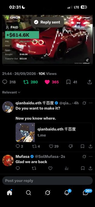 A mobile screenshot shows a social media post about GMGN with a PNL of +$614.6K, along with comments from users 'qianbaidu.eth' and 'Mufasa' saying 'Do you want to make it? Now you know where.' and 'Glad we are back'.