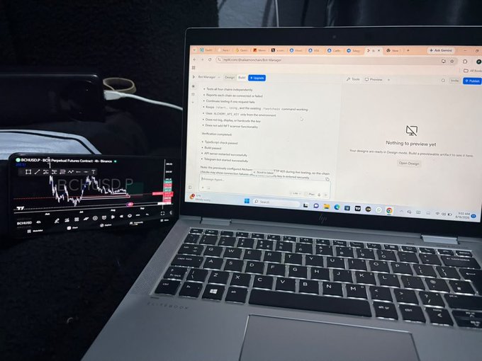 A laptop showing a Notion page with a trading bot manager task list open next to a tablet displaying a financial chart.