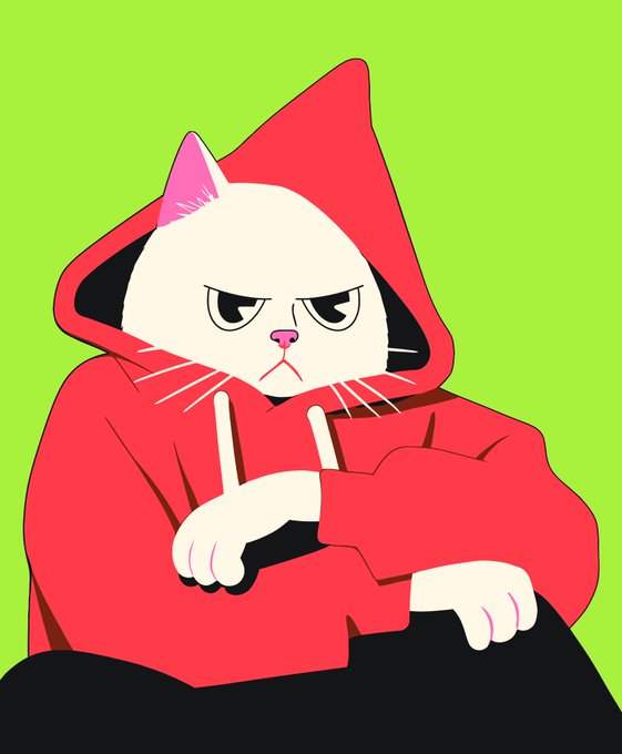 An illustration of an angry white cat wearing a red hooded sweatshirt, sitting against a green background with its arms crossed in a grumpy pose.