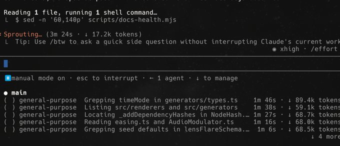 A dark terminal/CLI interface showing Claude Code in operation, displaying commands like 'sed -n '60,140p' scripts/docs-health.mjs' and a list of parallel 'general-purpose' agents analyzing various TypeScript files.