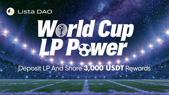 A promotional banner for Lista DAO's "World Cup LP Power" campaign, set against a starry stadium backdrop, advertises a 3,000 USDT reward pool for users who deposit liquidity, with the campaign ending August 15.