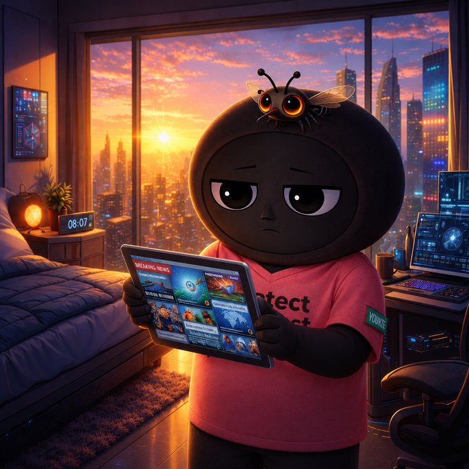 A black cartoon character wearing a pink shirt reads news on a tablet in a cozy bedroom with a stunning city sunset view, with a bee on its head and the time showing 08:07.