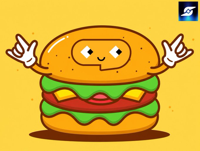 A cartoon illustration of an anthropomorphic cheeseburger with a smiling face and white gloved hands making rock-on gestures, set against a yellow background with a small logo in the top right corner.
