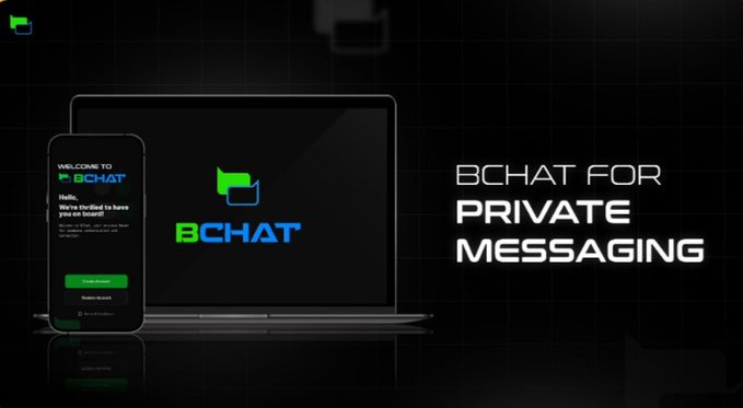 A dark promotional graphic for 'BCHAT' messaging app, showing a smartphone and laptop displaying the app's welcome screen.