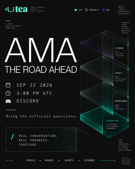An event poster for 'tea's' AMA titled 'THE ROAD AHEAD', scheduled for September 22, 2026, at 3:00 PM UTC on Discord.