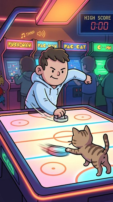 The image features a cartoon boy playing a video game, specifically a virtual pinball machine with a cat as his opponent. The scene takes place at night, adding an element of darkness to the atmosphere. The boy appears to be angry or frustrated while playing against the cat on the pinball table.