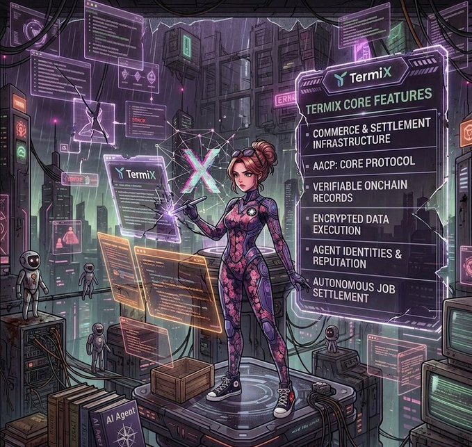A futuristic female figure stands on a platform in a neon-lit cyberpunk city, surrounded by small AI robots and holographic interfaces displaying "TermiX Core Features," including "Commerce & Settlement Infrastructure," "AACP: Core Protocol," "Verifiable Onchain Records," "Encrypted Data Execution," "Agent Identities & Reputation," and "Autonomous Job Settlement." The image visually represents the post's theme of AI agents transitioning into independent economic actors, with TermiX's listed features highlighting the infrastructure needed for autonomous, onchain commerce and reputation-based interactions among AI systems.