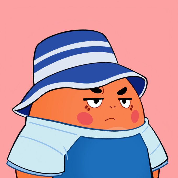 A cartoon illustration of a round, brown-skinned character with freckles, rosy cheeks, and an angry expression wearing a blue and white striped bucket hat and a blue shirt, set against a pink background.