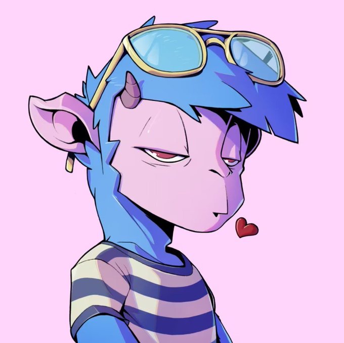 An anime-style digital drawing of a purple-skinned character with blue hair, horns, and pointed ears, wearing blue-tinted sunglasses on their head and a striped shirt, set against a solid pink background.