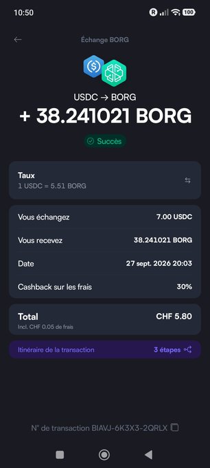 A mobile screenshot of a successful cryptocurrency swap transaction, exchanging 7.00 USDC for 38.241021 BORG tokens on September 27, 2026.