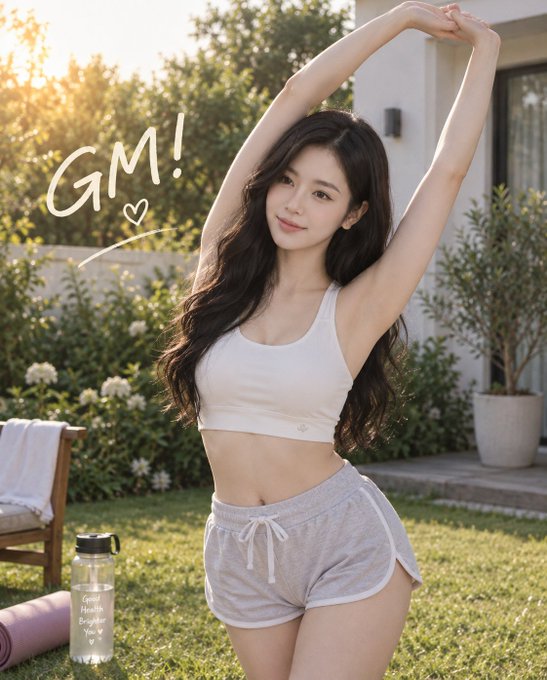 A woman in a white sports bra and grey shorts stretches her arms overhead in a sunny garden, with the text 'GM!' written on the image.