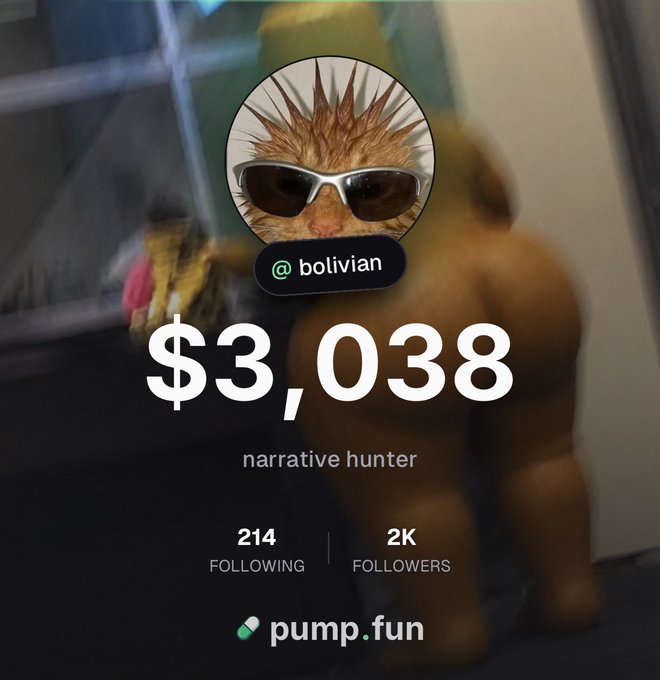 The image shows a profile page for "@bolivian" featuring a spiky-haired cat avatar wearing sunglasses, with a $3,038 portfolio labeled "narrative hunter," 2K followers and 214 following, and the pump.fun logo displayed over a blurry cat background. The caption relates to the post by showcasing the user's current $3,038 portfolio balance on pump.fun, aligning with their stated goal of growing it to six figures.