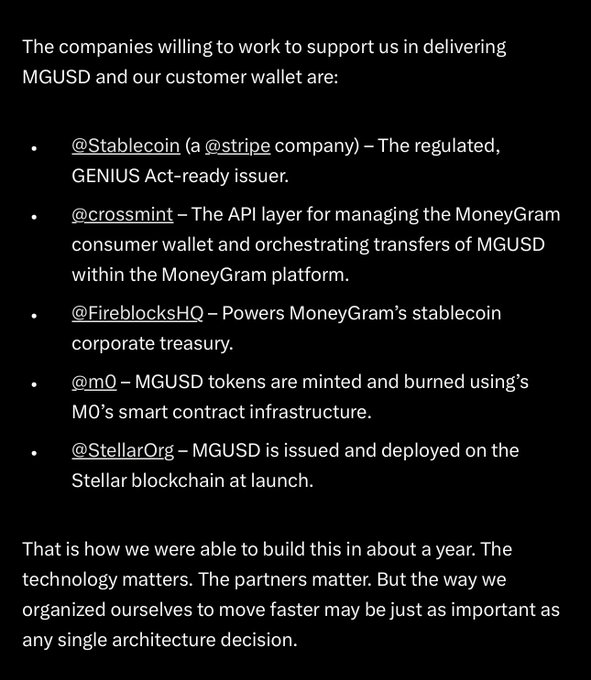 The image shows a black background with white text that reads "The MoneyGram stablecoin enabled by the Genius Act powered by Stellar XLM". The text explains that the MoneyGram stablecoin is powered by the Genius Act, which enables it to be used as a payment method on the MoneyGram platform.