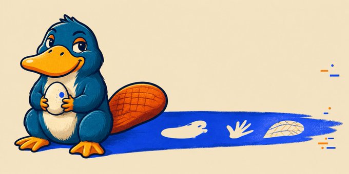 A cartoon illustration of a blue platypus-like creature with an orange bill and beaver tail holding an egg, sitting on a blue splash containing white silhouettes of a duck, hand, and turtle shell.