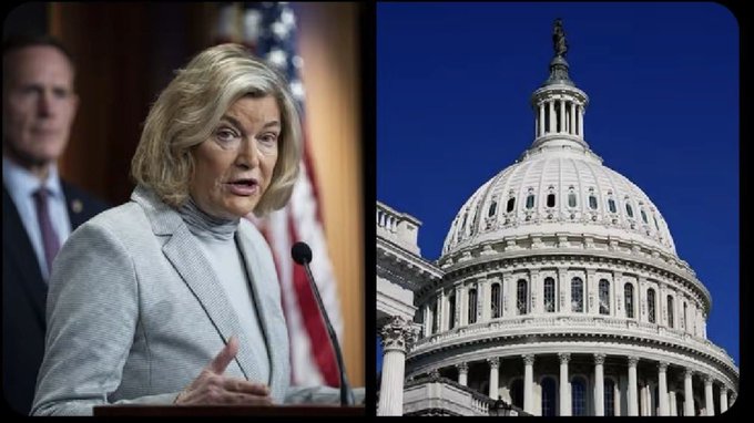 The image is a split composition showing Senator Cynthia Lummis speaking at a podium on the left, paired with a view of the U.S. Capitol dome on the right, visually reinforcing her announcement about bipartisan support for the CLARITY Act and its potential passage through Congress to establish clearer U.S. crypto regulation.